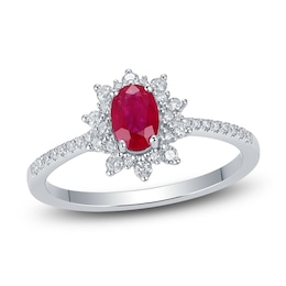 Oval-Cut Natural Ruby & Diamond Starburst Halo Ring 1/4 ct tw 14K White Gold