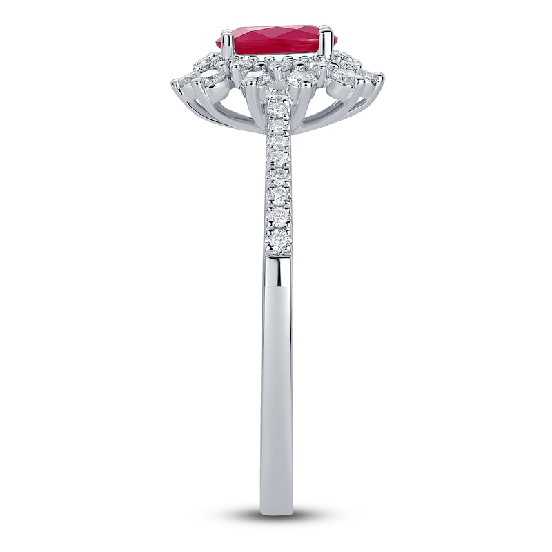 Oval-Cut Natural Ruby & Diamond Starburst Halo Ring 1/4 ct tw 14K White Gold