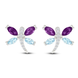 Marquise-Cut Natural Amethyst, Natural Aquamarine & White Lab-Created Sapphire Dragonfly Earrings Sterling Silver