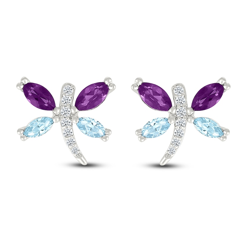 Main Image 1 of Marquise-Cut Natural Amethyst, Natural Aquamarine & White Lab-Created Sapphire Dragonfly Earrings Sterling Silver