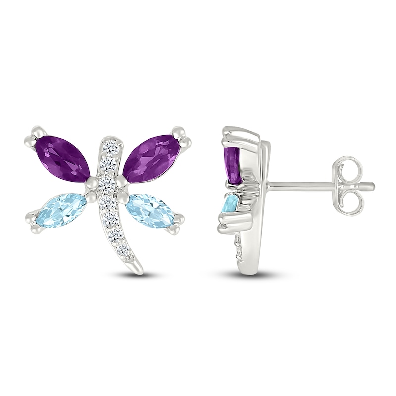 Main Image 3 of Marquise-Cut Natural Amethyst, Natural Aquamarine & White Lab-Created Sapphire Dragonfly Earrings Sterling Silver