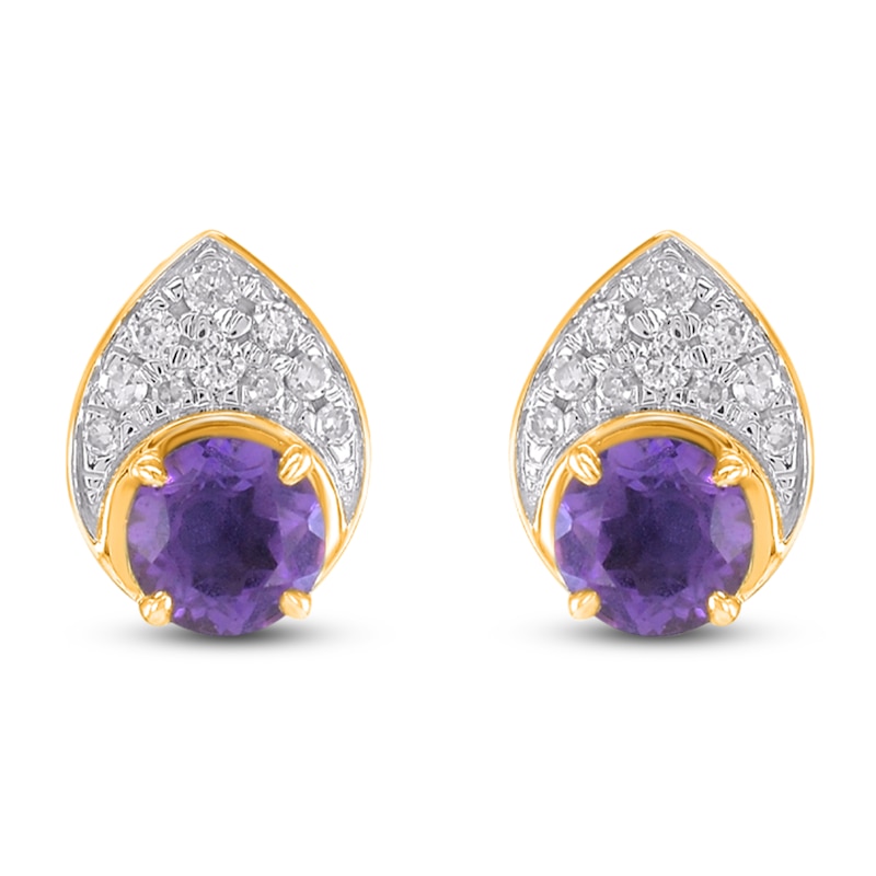 Main Image 2 of Natural Amethyst & Diamond Teardrop Stud Earrings 1/10 ct tw 10K Yellow Gold