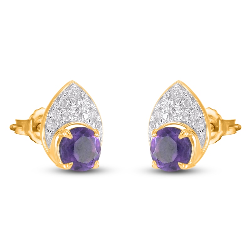 Main Image 3 of Natural Amethyst & Diamond Teardrop Stud Earrings 1/10 ct tw 10K Yellow Gold