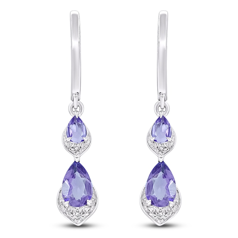 Main Image 2 of Pear-Shaped Natural Amethyst & Diamond Dangle Hoop Earrings 1/20 ct tw 10K White Gold