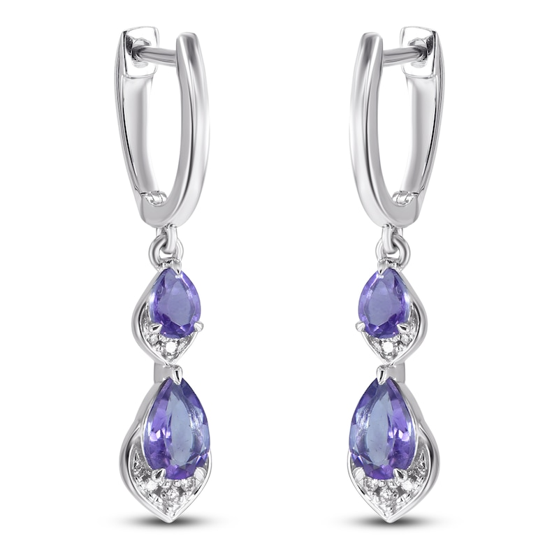 Main Image 3 of Pear-Shaped Natural Amethyst & Diamond Dangle Hoop Earrings 1/20 ct tw 10K White Gold