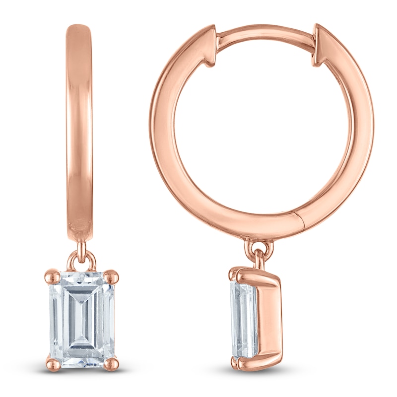 Main Image 1 of Emerald-Cut Lab-Created Diamond Solitaire Dangle Hoop Earrings 1 ct tw 14K Rose Gold (SI2/F)