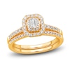 Thumbnail Image 1 of Diamond Double Halo Bridal Set 1/2 ct tw Emerald/Round 14K Yellow Gold