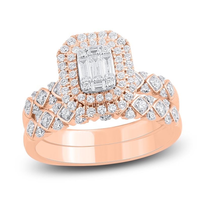 Main Image 1 of Baguette & Round-Cut Diamond Double Halo Bridal Set 7/8 ct tw 14K Rose Gold