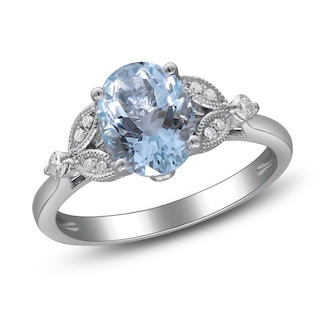 Oval-Cut Natural Aquamarine & Diamond Milgrain Engagement Ring 1/4 ct ...