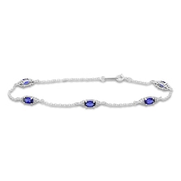 Oval-Cut Ceylon Lab-Created Sapphire & Diamond Bracelet 1/15 ct tw 10K White Gold 7.25&quot;