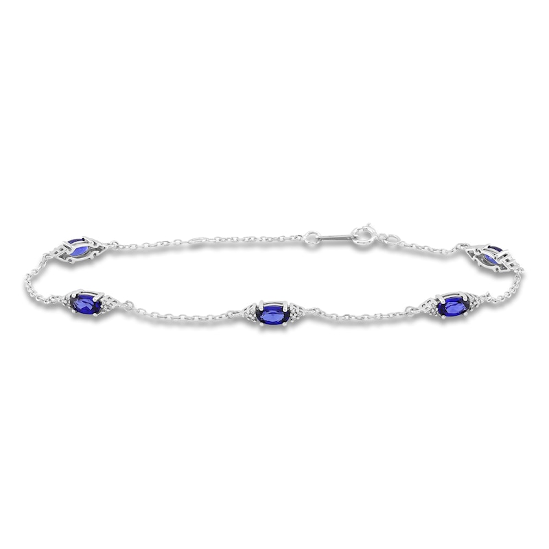 Oval-Cut Ceylon Lab-Created Sapphire & Diamond Bracelet 1/15 ct tw 10K White Gold 7.25"