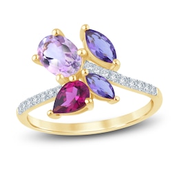 Natural Amethyst, Light Amethyst, Rhodolite Garnet & Diamond Multi-Shape Cluster Ring 1/6 ct tw 14K Yellow Gold