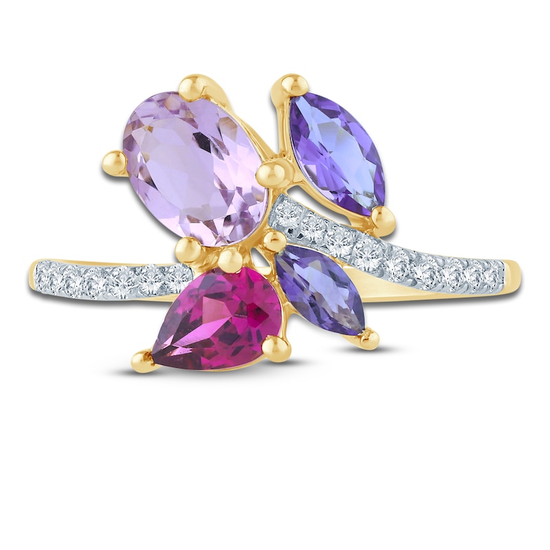 Natural Amethyst, Light Amethyst, Rhodolite Garnet & Diamond Multi-Shape Cluster Ring 1/6 ct tw 14K Yellow Gold