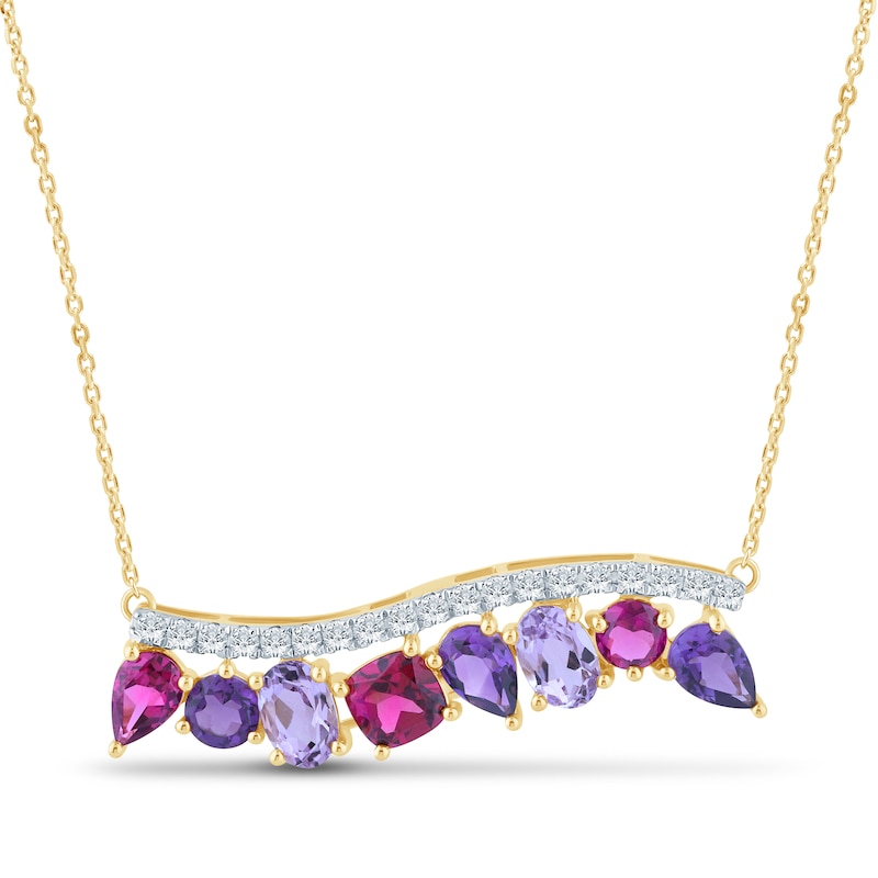 Natural Amethyst, Light Amethyst, Rhodolite Garnet & Diamond Multi-Shape Curve Necklace 1/3 ct tw 14K Yellow Gold