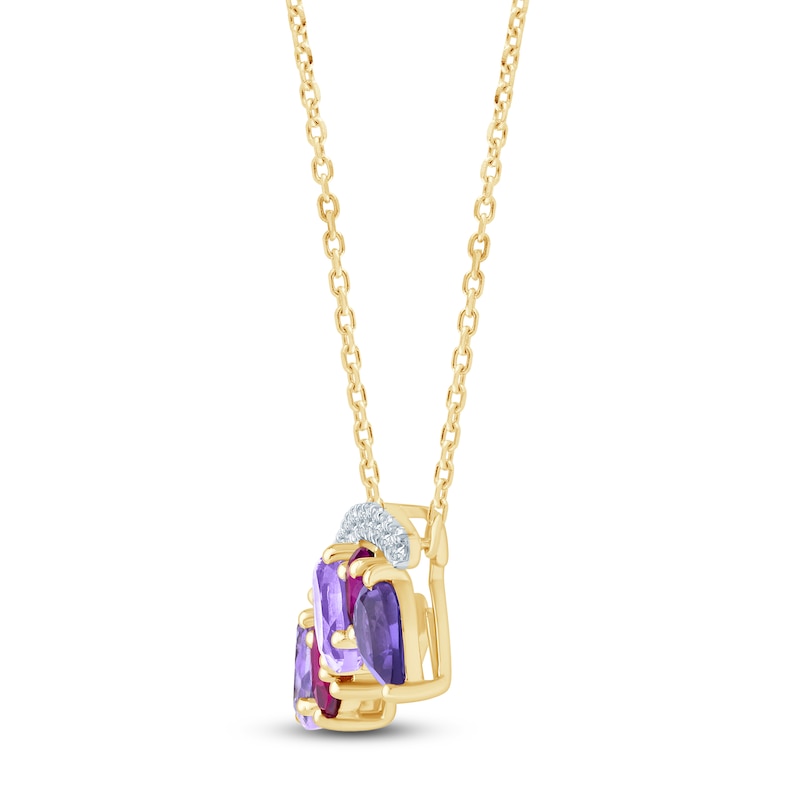 Natural Amethyst, Light Amethyst, Rhodolite Garnet & Diamond Multi-Shape Curve Necklace 1/3 ct tw 14K Yellow Gold