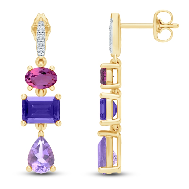 Natural Amethyst, Light Amethyst, Rhodolite Garnet & Diamond Multi-Shape Drop Earrings 1/20 ct tw 14K Yellow Gold