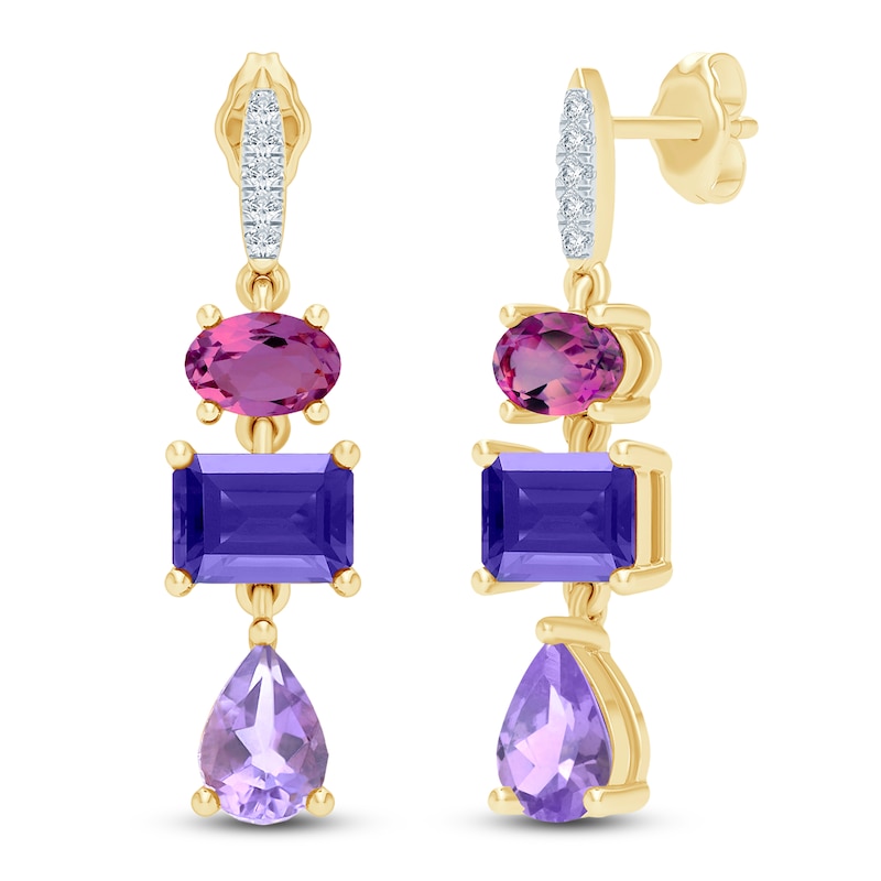 Natural Amethyst, Light Amethyst, Rhodolite Garnet & Diamond Multi-Shape Drop Earrings 1/20 ct tw 14K Yellow Gold