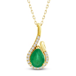 Pear-Shaped Natural Emerald & Diamond Swirl Necklace 1/10 ct tw 14K Yellow Gold 18&quot;