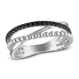 Black Diamond Beaded Three-Row Crossover Fashion Ring 1/4 ct tw Sterling Silver