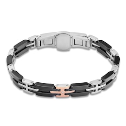 Baraka Men's Diamond Accent Link Bracelet Stainless Steel, Black Ceramic & 18K Rose Gold 8&quot;