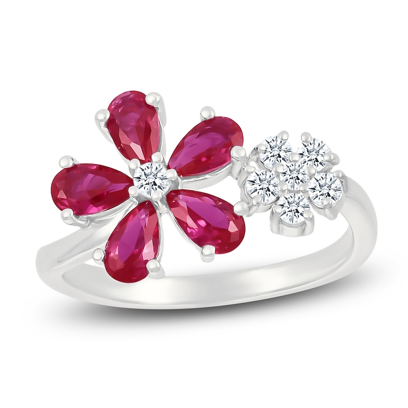 Main Image 1 of Pear-Shaped Lab-Created Ruby & White Lab-Created Sapphire Ring Sterling Silver