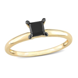 Black Diamond Solitaire Engagement Ring 3/4 ct tw Princess-cut 14K Yellow Gold