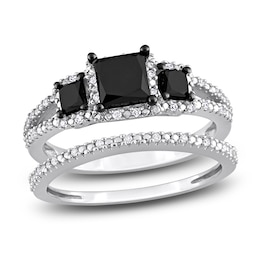Black & White Diamond Bridal Set 1-5/8 ct tw Princess/Round 14K White Gold