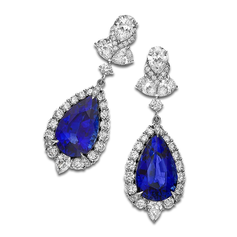 Main Image 1 of Pear-Shaped Natural Blue Sapphire & Diamond Earrings 2-3/8 ct tw 18K White Gold