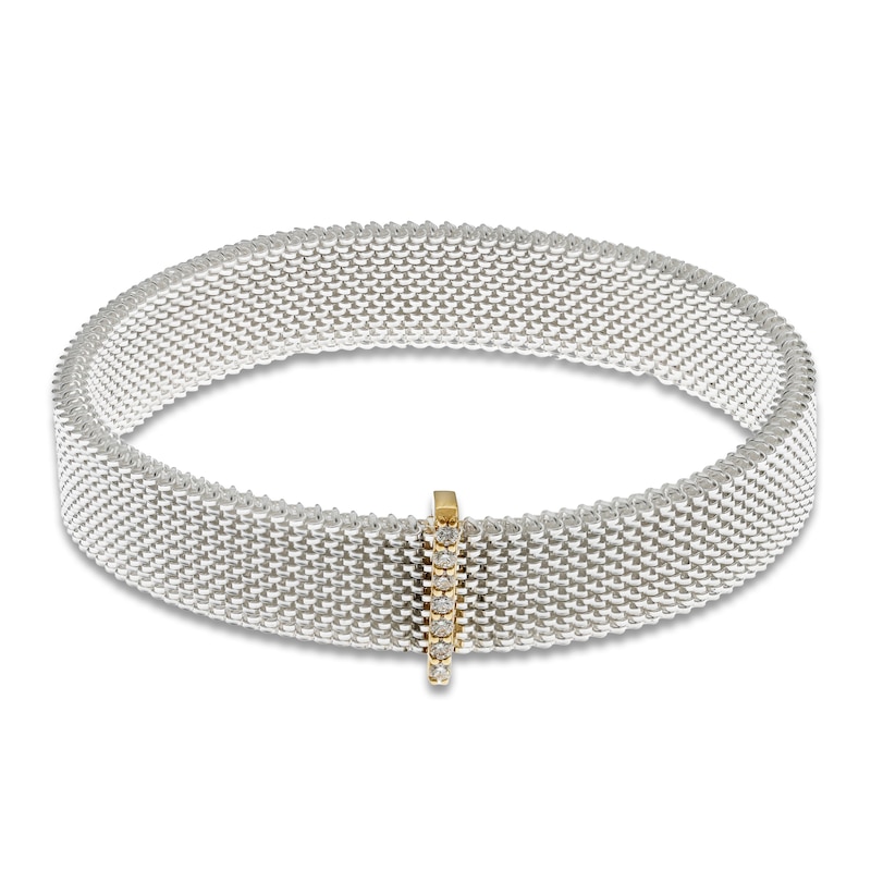 ZYDO Diamond Mesh Stretch Bracelet 1/10 ct tw Stainless Steel & 18K Yellow Gold 6.5"