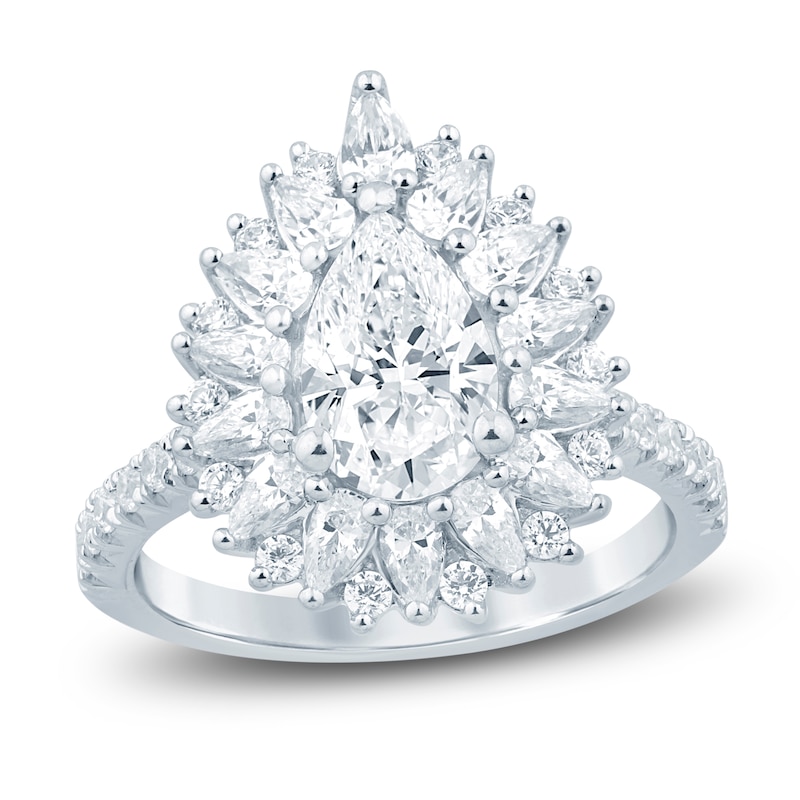 Main Image 1 of Pear-Shaped Lab-Created Diamond Starburst Halo Engagement Ring 2-1/3 ct tw 14K White Gold