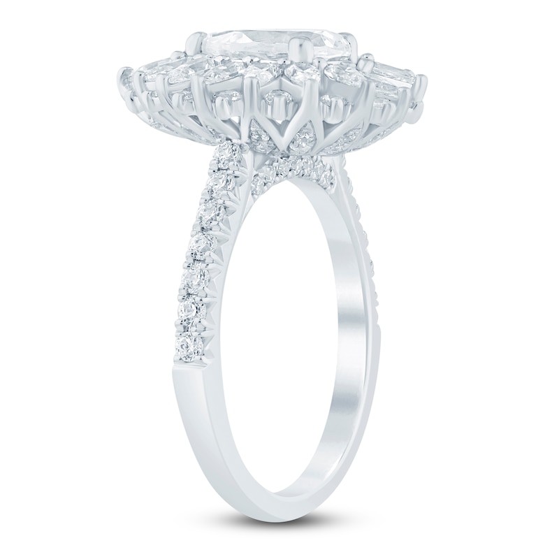 Main Image 2 of Pear-Shaped Lab-Created Diamond Starburst Halo Engagement Ring 2-1/3 ct tw 14K White Gold