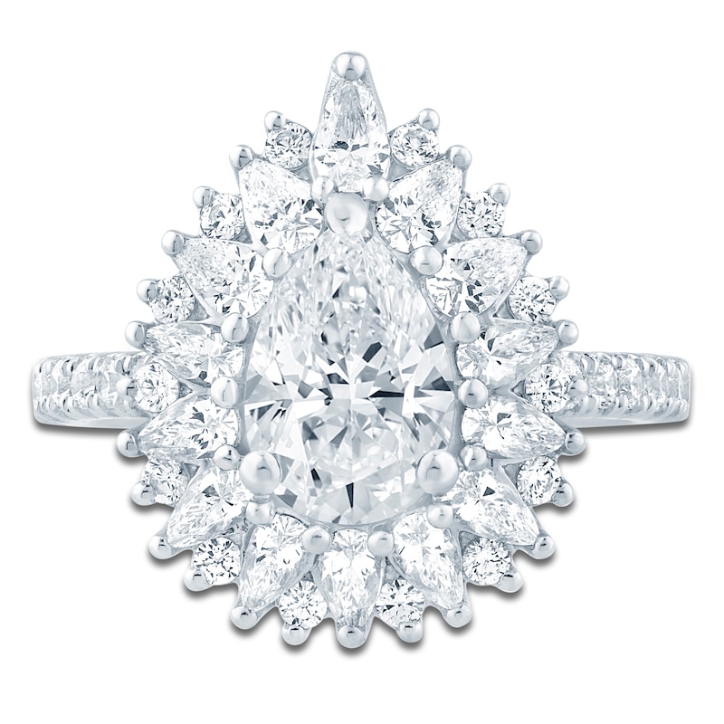 Main Image 3 of Pear-Shaped Lab-Created Diamond Starburst Halo Engagement Ring 2-1/3 ct tw 14K White Gold