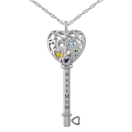 Birthstone Family & Mother's Caged Key Necklace (1-4 Stones and 1 Line)