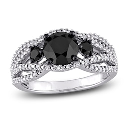 Black & White Diamond 3-Stone Ring 1-7/8 ct tw Round 14K White Gold