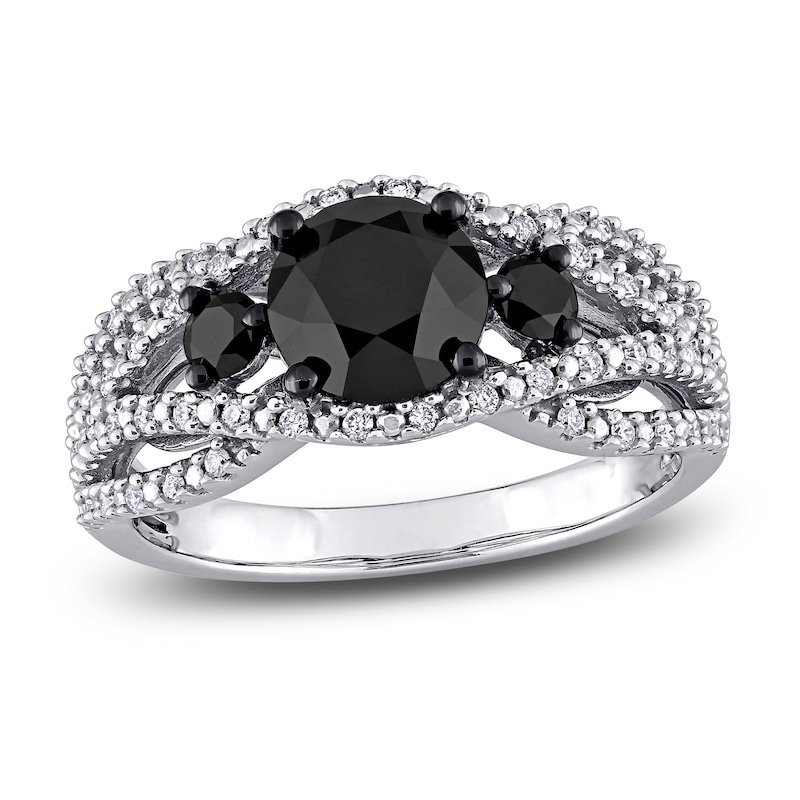 Black & White Diamond 3-Stone Ring 1-7/8 ct tw Round 14K White Gold