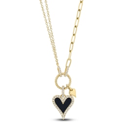 Shy Creation Natural Onyx Heart Pendant Necklace 1/8 ct tw Diamonds 14K Yellow Gold 18&quot; SC55025146