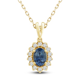 Montana Blue Oval-Cut Natural Sapphire Pendant Necklace 1/4 ct tw Round Diamonds 14K Yellow Gold 18&quot;