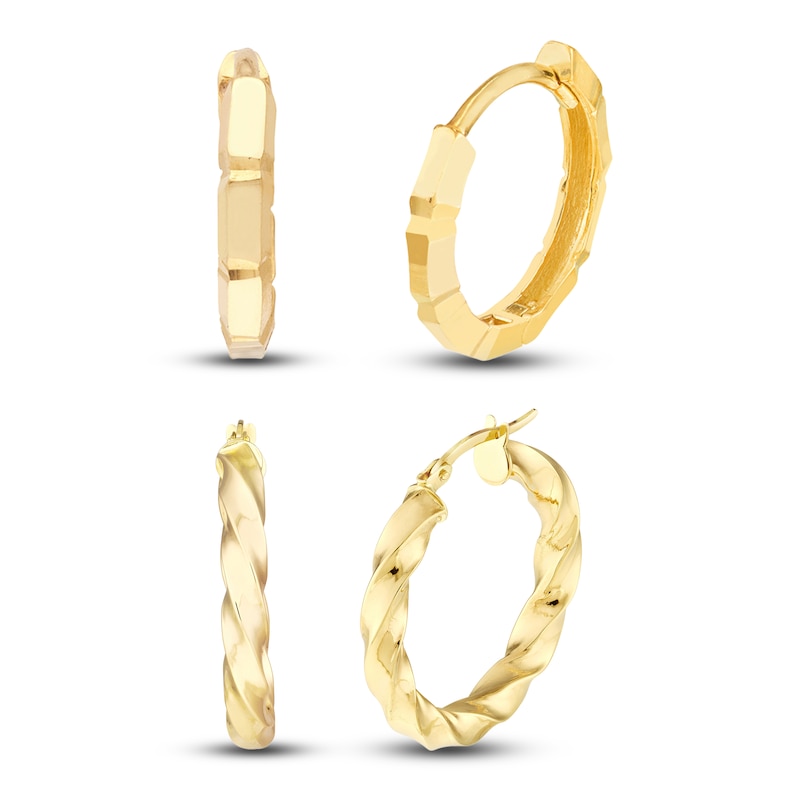 Twisted Hoop & Brick Huggie Earring Set 14K Yellow Gold