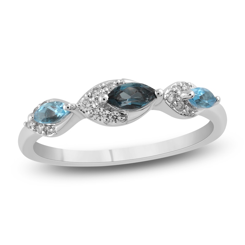 Marquise-Cut Natural London & Swiss Blue Topaz Ring 1/10 ct tw Diamonds 10K White Gold