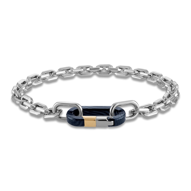 Main Image 1 of Forged by Jared Men's Link Bracelet Sterling Silver, Blue Ion-Plated Damascus Steel & 18K Yellow Gold 8.5&quot;