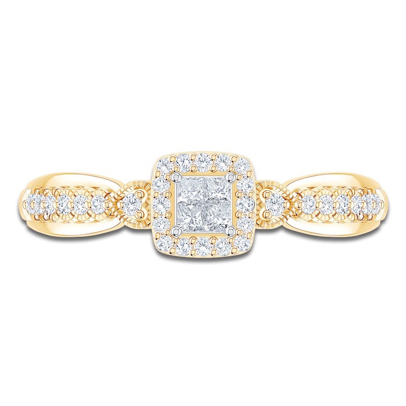 Main Image 3 of Princess-Cut Quad Diamond Cushion Halo Promise Ring 1/4 ct tw 10K Yellow Gold