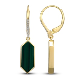 Hexagon-Cut Natural Malachite & Diamond Dangle Earrings 1/15 ct tw 14K Yellow Gold