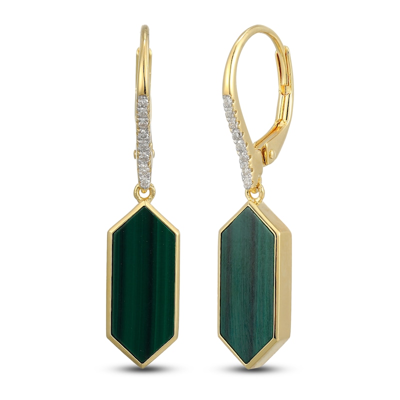 Main Image 2 of Hexagon-Cut Natural Malachite & Diamond Dangle Earrings 1/15 ct tw 14K Yellow Gold