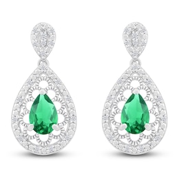 Pear-Shaped Lab-Created Emerald & Diamond Filigree Dangle Earrings 1/6 ct tw Sterling Silver