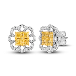 Le Vian Sunny Yellow Diamond Stud Earrings 1-1/3 ct tw Cushion/Round 14K Two-Tone Gold