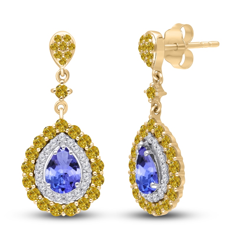 Main Image 1 of Kallati Pear-Shaped Natural Tanzanite & Natural Yellow Diamond Dangle Earrings 1-3/8 ct tw Round 14K Yellow Gold