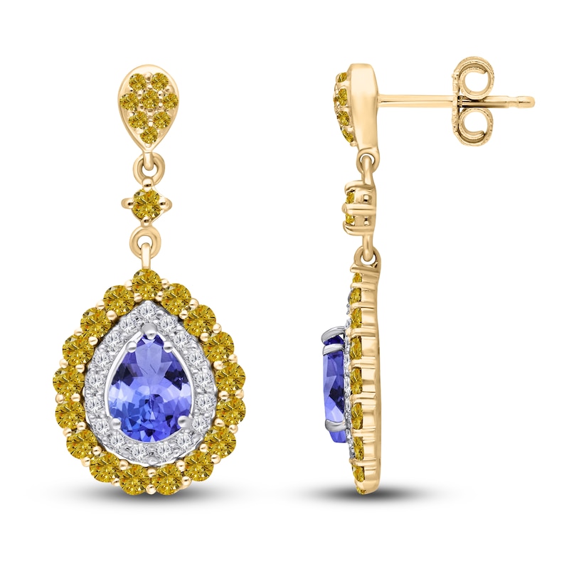 Main Image 2 of Kallati Pear-Shaped Natural Tanzanite & Natural Yellow Diamond Dangle Earrings 1-3/8 ct tw Round 14K Yellow Gold