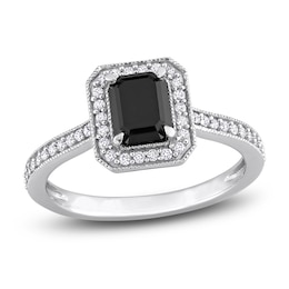 Black & White Diamond Engagement Ring 1-1/4 ct tw Emerald/Round 14K White Gold