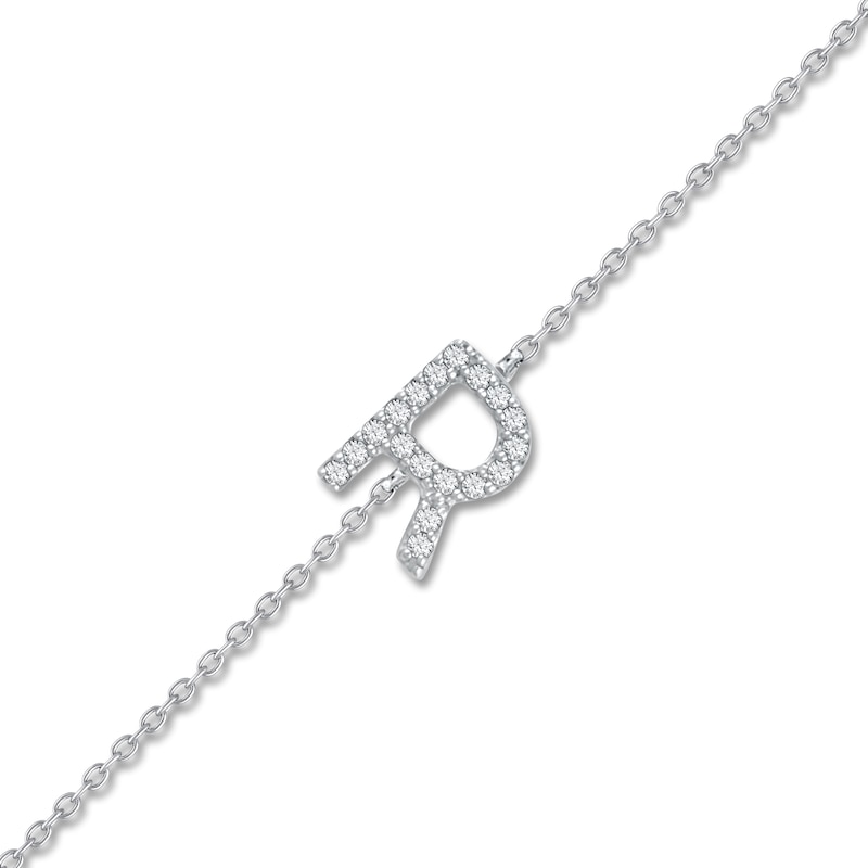 Sterling Silver Letters Single Micro Pave Diamond Bracelet (Silver Diamond R Initial Bracelet 7+1)