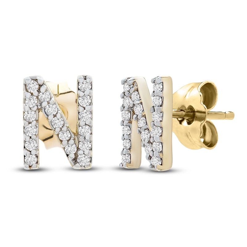 Main Image 2 of Diamond Letter N Earrings 1/10 ct tw Round 14K Yellow Gold